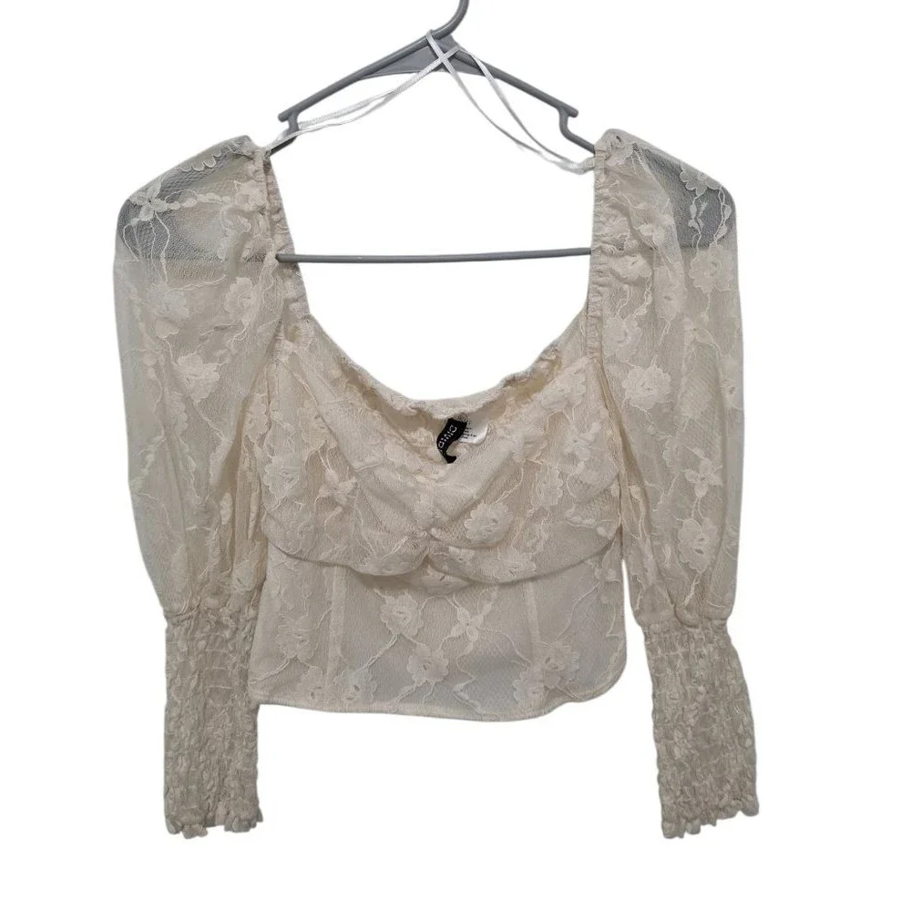 H&M Divided Lace Puff Sleeve Cropped Blouse S